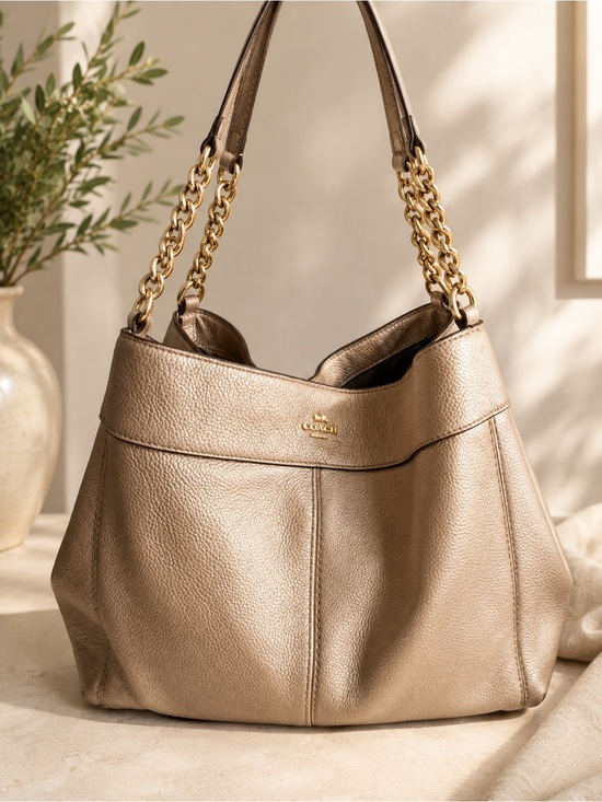 Coach Handbags - Coach Metallic Champagne Pebbled Leather Chain Shoulder Hobo Bag Gold